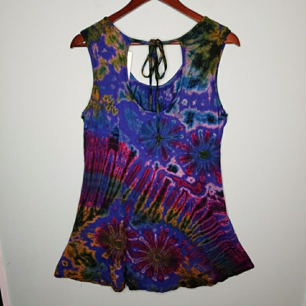 Tie Dye Sleeveless Sun Dress Pockets Summer Casual Loose Beach Cover Up Large XL - Picture 3 of 15